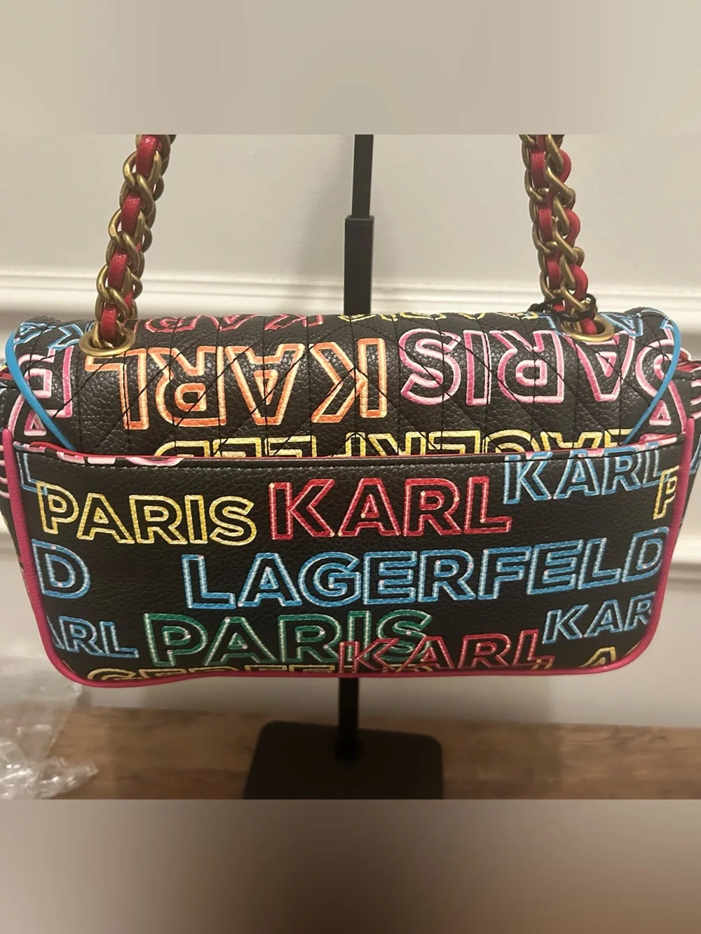 Karl Lagerfeld Black Multicolor Logo Chain Shoulder Bag - Picture 3 of 10